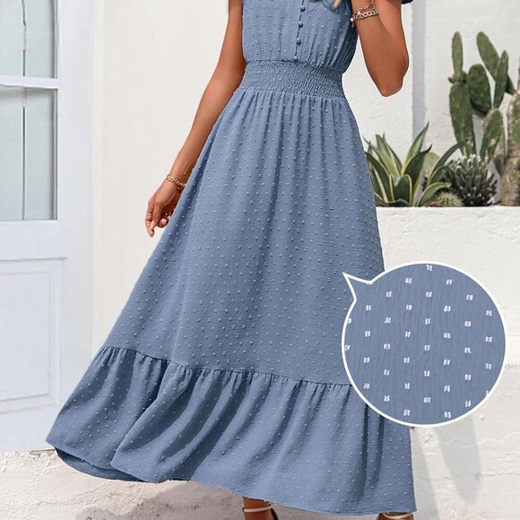 Womens Dresses 2025 Summer Maxi Dress Boho Short Sleeve V Neck Swiss Dot Ruffle - Picture 3 of 6
